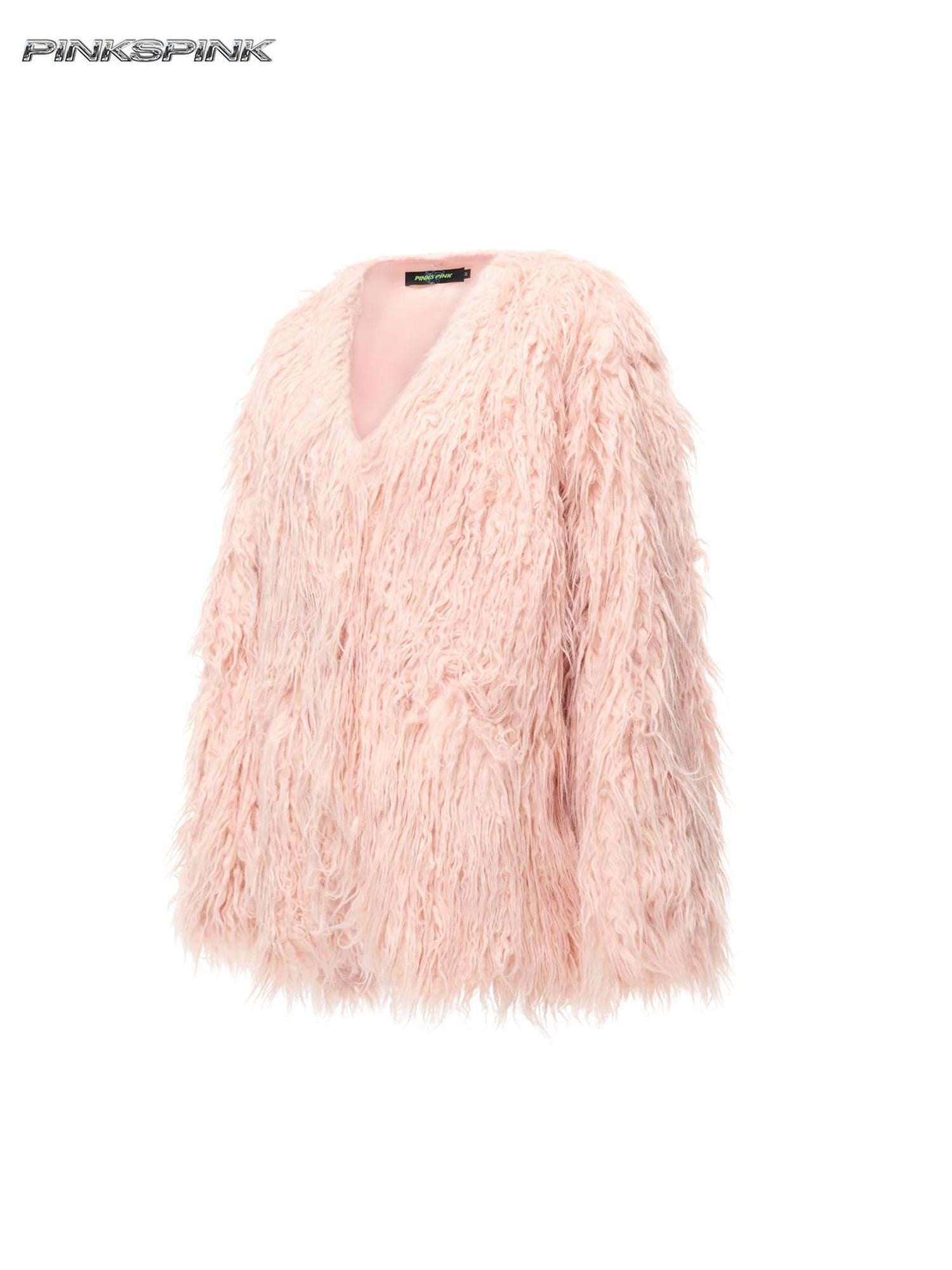 PINKSPINK Pink Blue V-neck Contour Ruffle Collar Women's Plush Faux Fur Coats