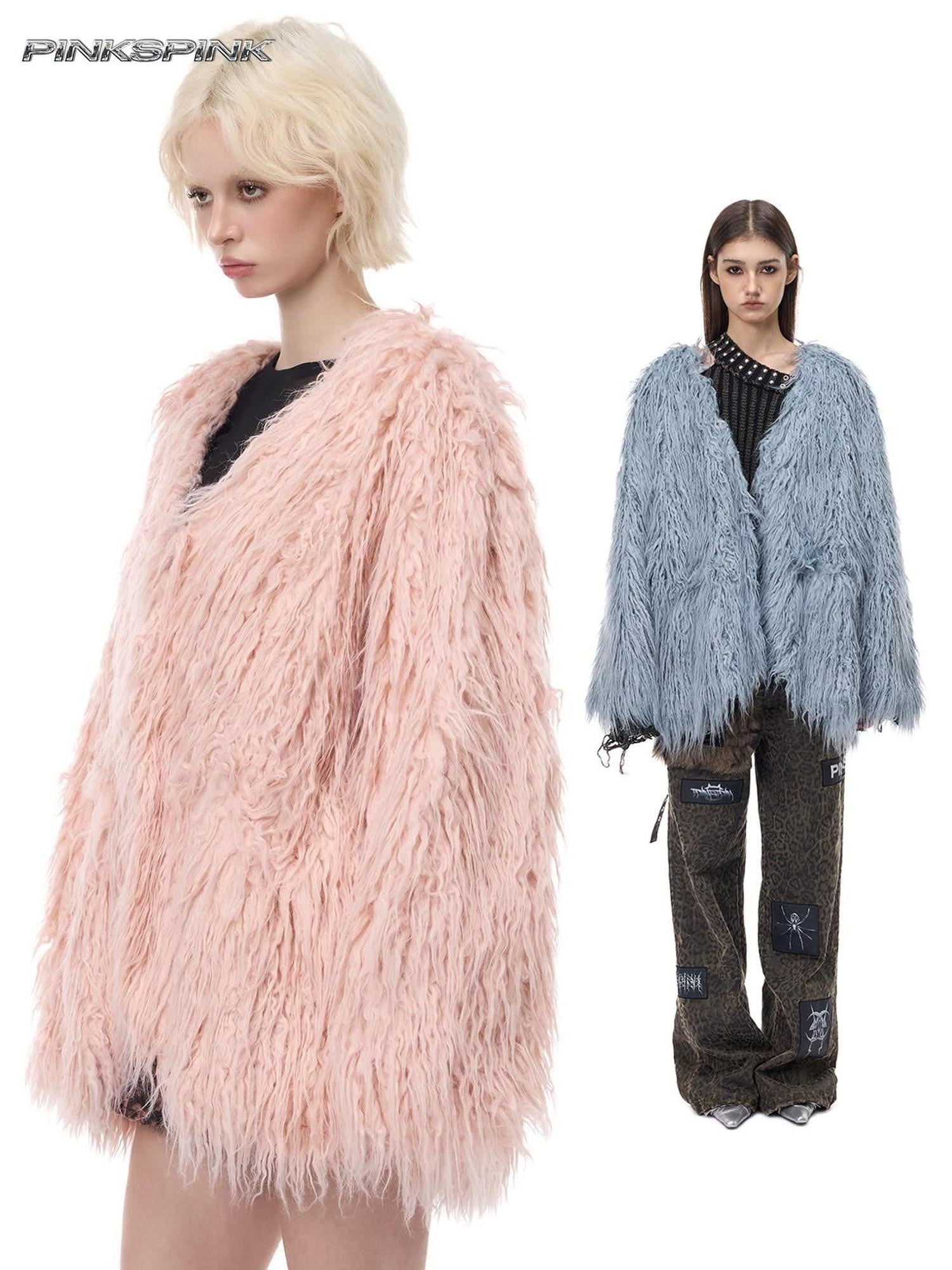 PINKSPINK Pink Blue V-neck Ruffle Collar Raglan Sleeve Loose Women's Lamb Faux Fur Coats
