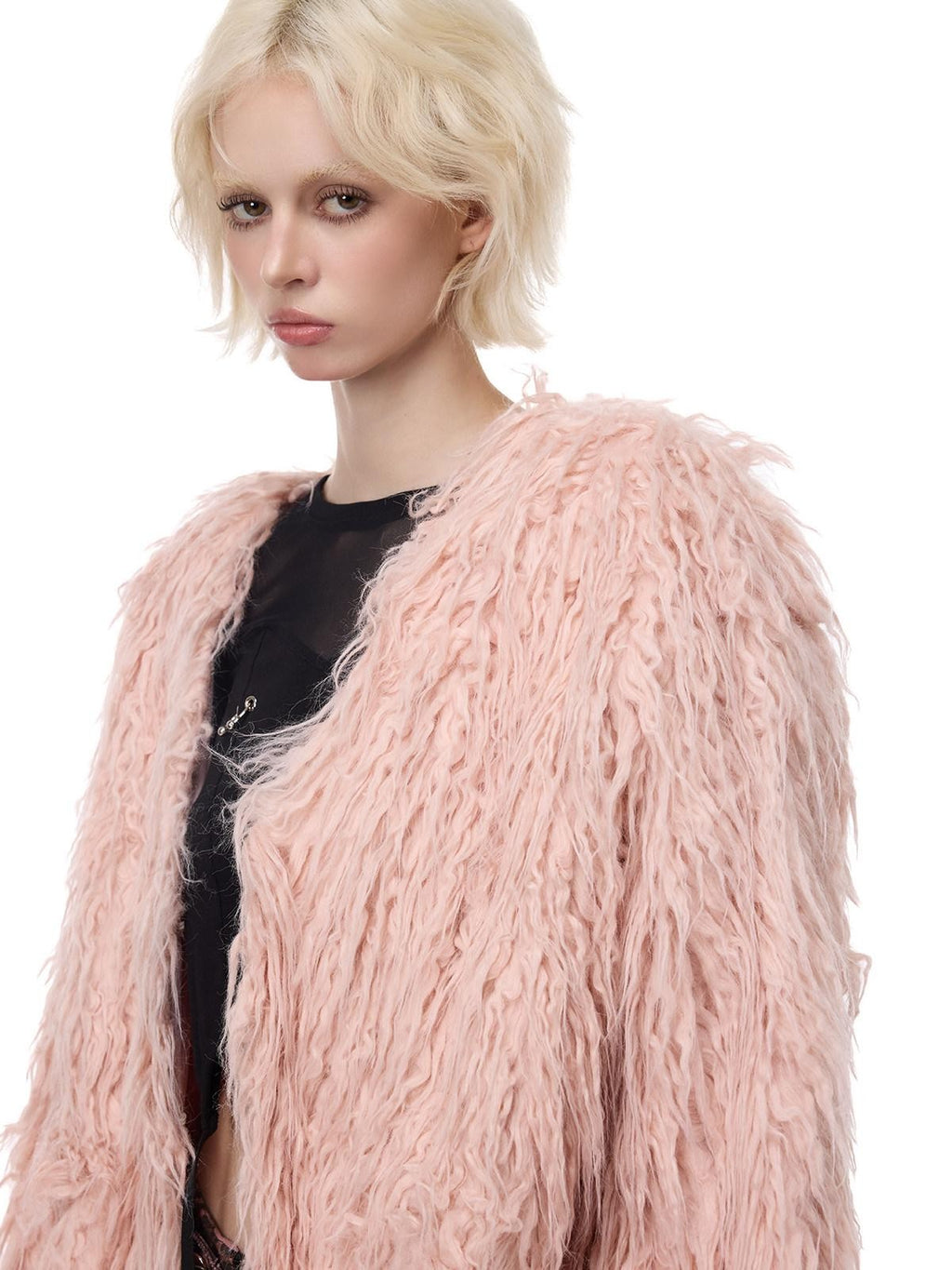 PINKSPINK Pink Blue V-neck Ruffle Collar Raglan Sleeve Loose Women's Lamb Faux Fur Coats