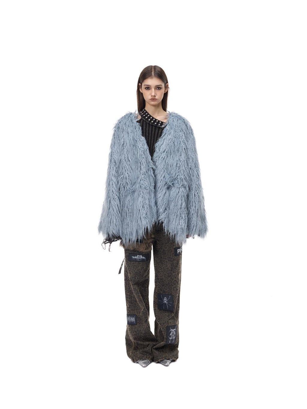 PINKSPINK Pink Blue V-neck Ruffle Collar Raglan Sleeve Loose Women's Lamb Faux Fur Coats
