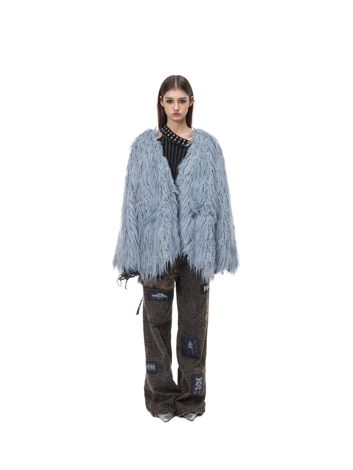 PINKSPINK Pink Blue V-neck Ruffle Collar Raglan Sleeve Loose Women's Lamb Faux Fur Coats