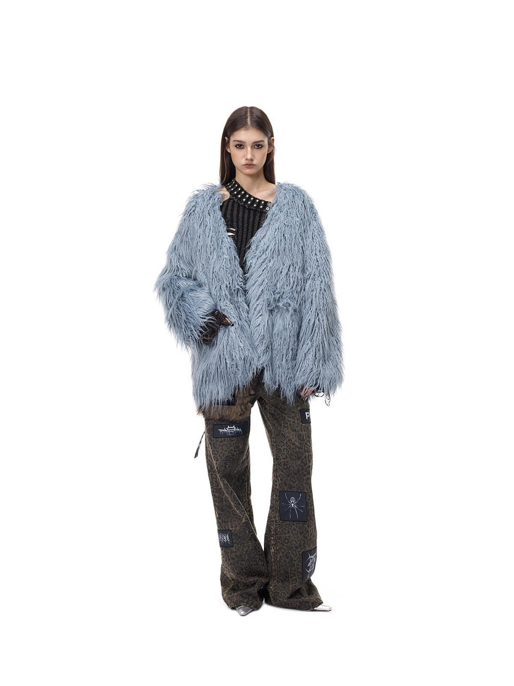PINKSPINK Pink Blue V-neck Ruffle Collar Raglan Sleeve Loose Women's Lamb Faux Fur Coats