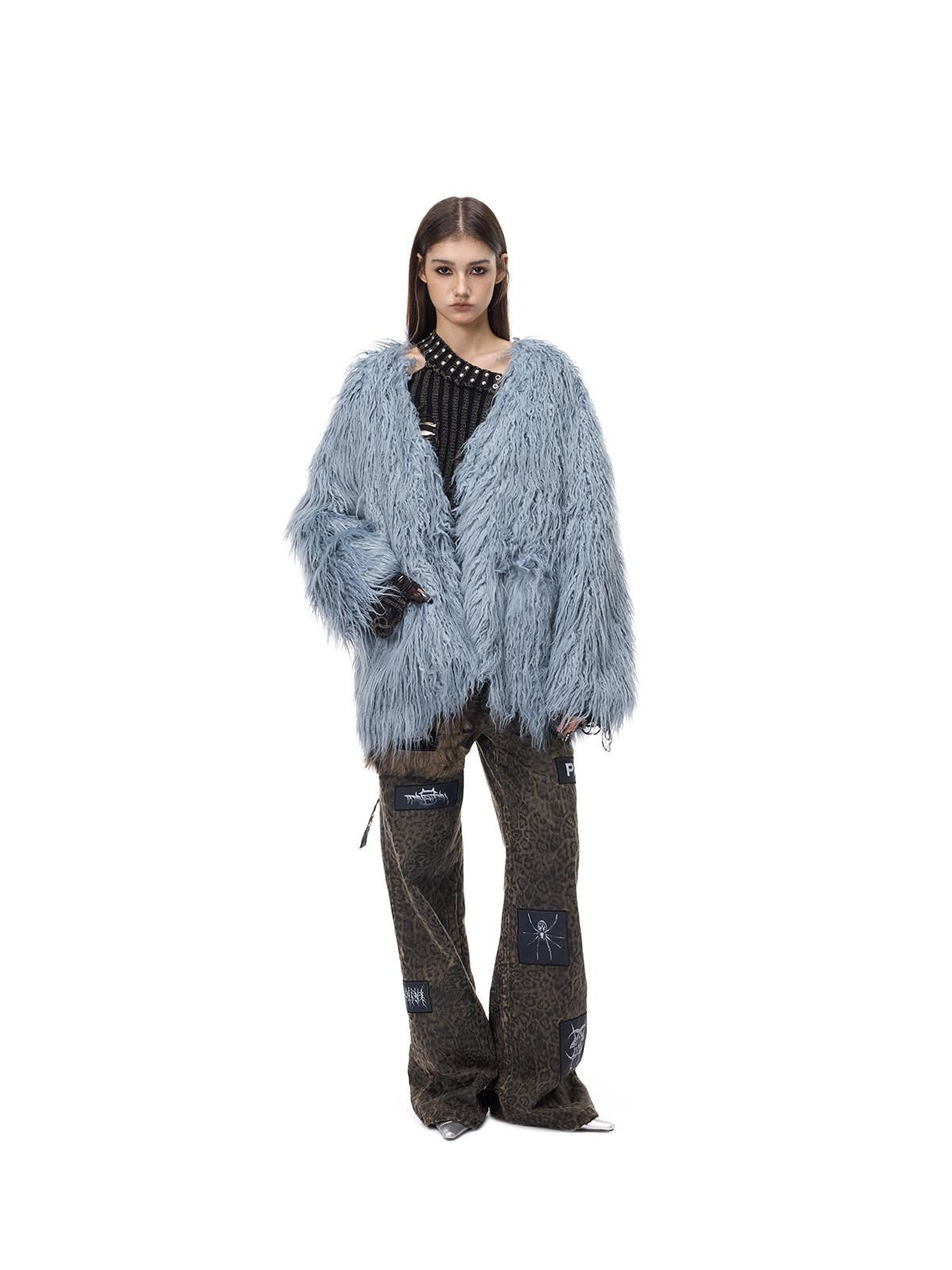 PINKSPINK Pink Blue V-neck Ruffle Collar Raglan Sleeve Loose Women's Lamb Faux Fur Coats