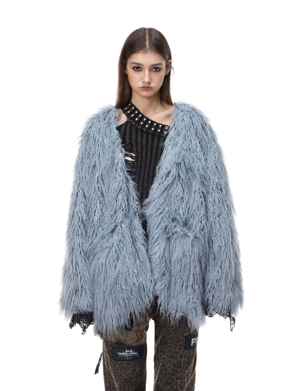 PINKSPINK Pink Blue V-neck Ruffle Collar Raglan Sleeve Loose Women's Lamb Faux Fur Coats