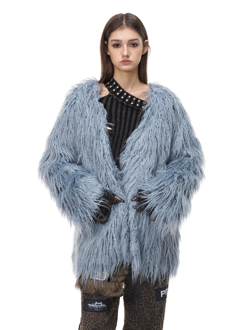 PINKSPINK Pink Blue V-neck Ruffle Collar Raglan Sleeve Loose Women's Lamb Faux Fur Coats