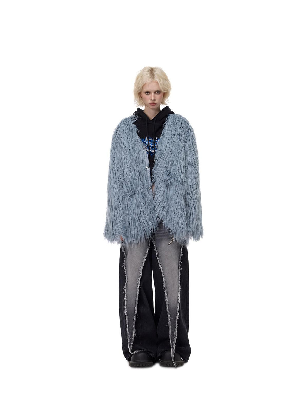 PINKSPINK Pink Blue V-neck Ruffle Collar Raglan Sleeve Loose Women's Lamb Faux Fur Coats