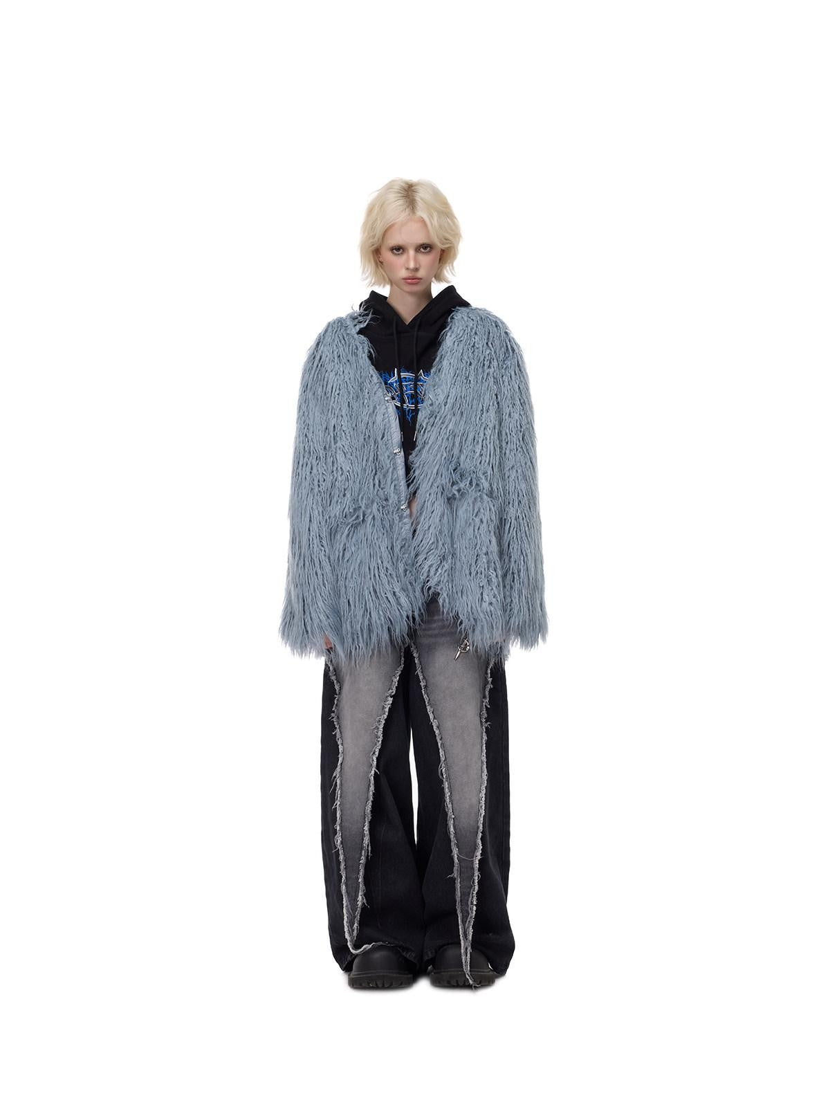 PINKSPINK Pink Blue V-neck Ruffle Collar Raglan Sleeve Loose Women's Lamb Faux Fur Coats