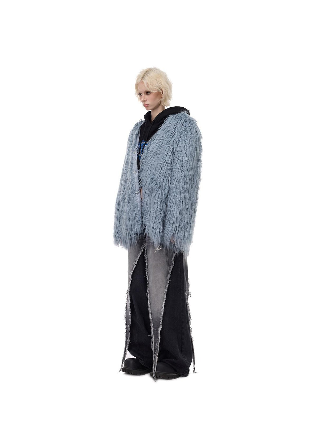 PINKSPINK Pink Blue V-neck Ruffle Collar Raglan Sleeve Loose Women's Lamb Faux Fur Coats