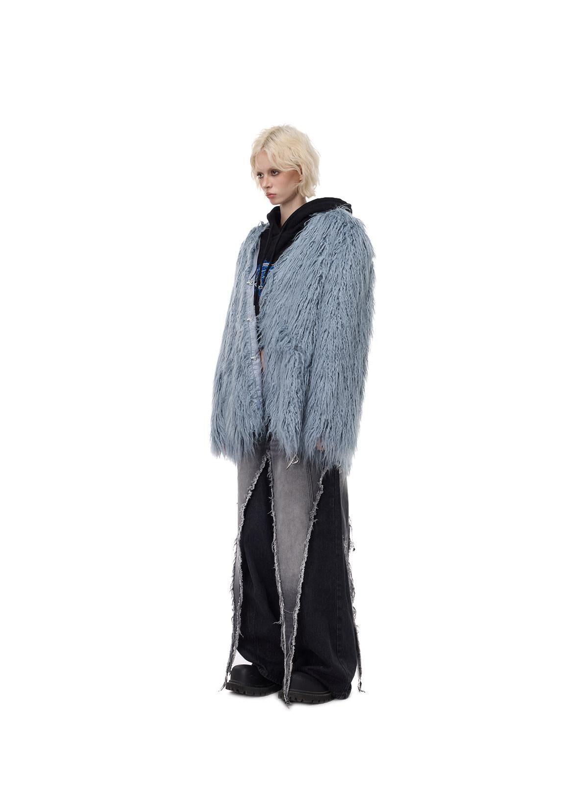 PINKSPINK Pink Blue V-neck Ruffle Collar Raglan Sleeve Loose Women's Lamb Faux Fur Coats