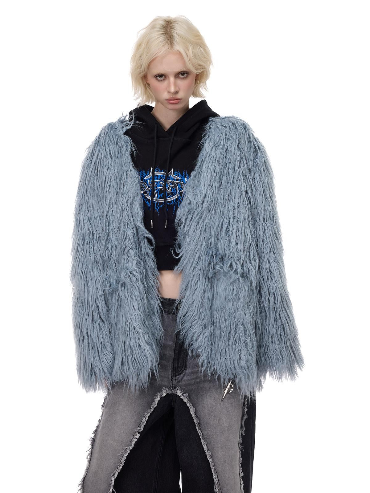 PINKSPINK Pink Blue V-neck Ruffle Collar Raglan Sleeve Loose Women's Lamb Faux Fur Coats