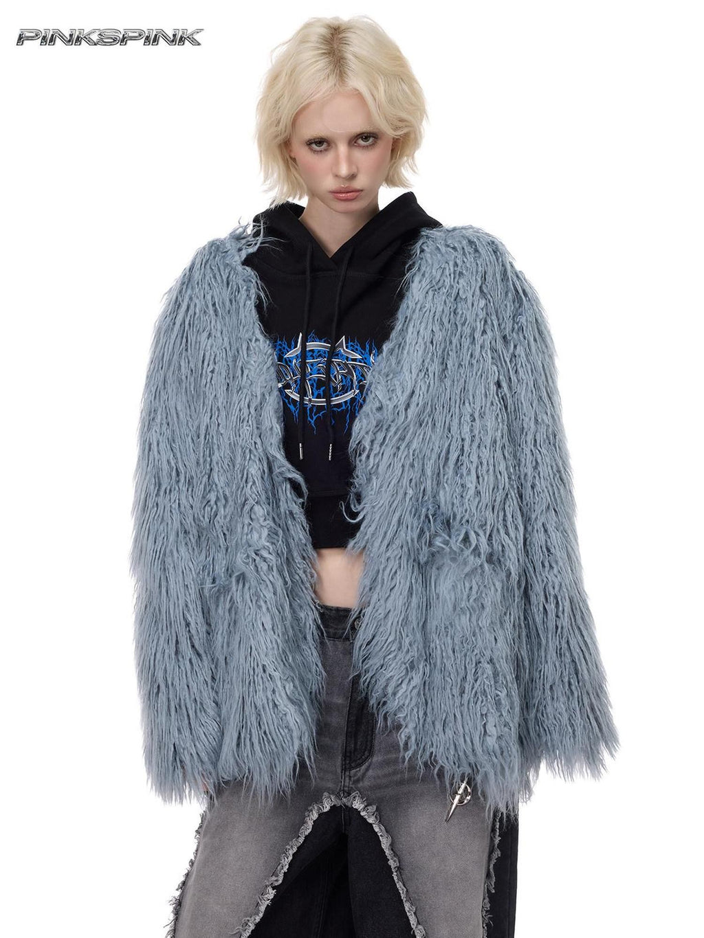 PINKSPINK Pink Blue V-neck Ruffle Collar Raglan Sleeve Loose Women's Lamb Faux Fur Coats
