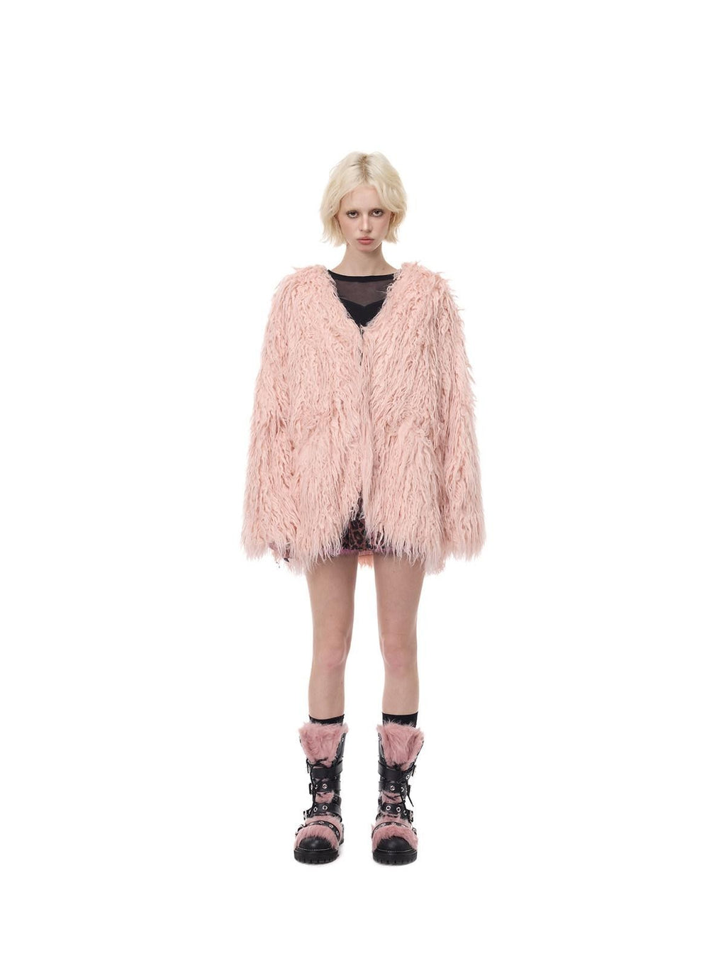 PINKSPINK Pink Blue V-neck Ruffle Collar Raglan Sleeve Loose Women's Lamb Faux Fur Coats