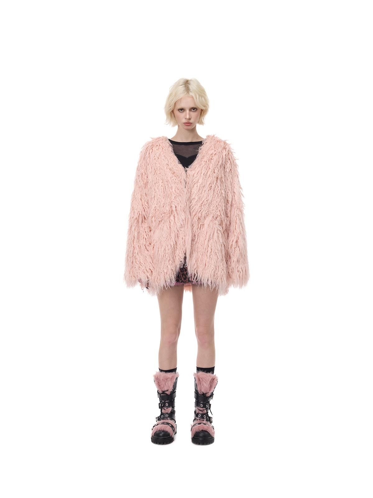 PINKSPINK Pink Blue V-neck Ruffle Collar Raglan Sleeve Loose Women's Lamb Faux Fur Coats