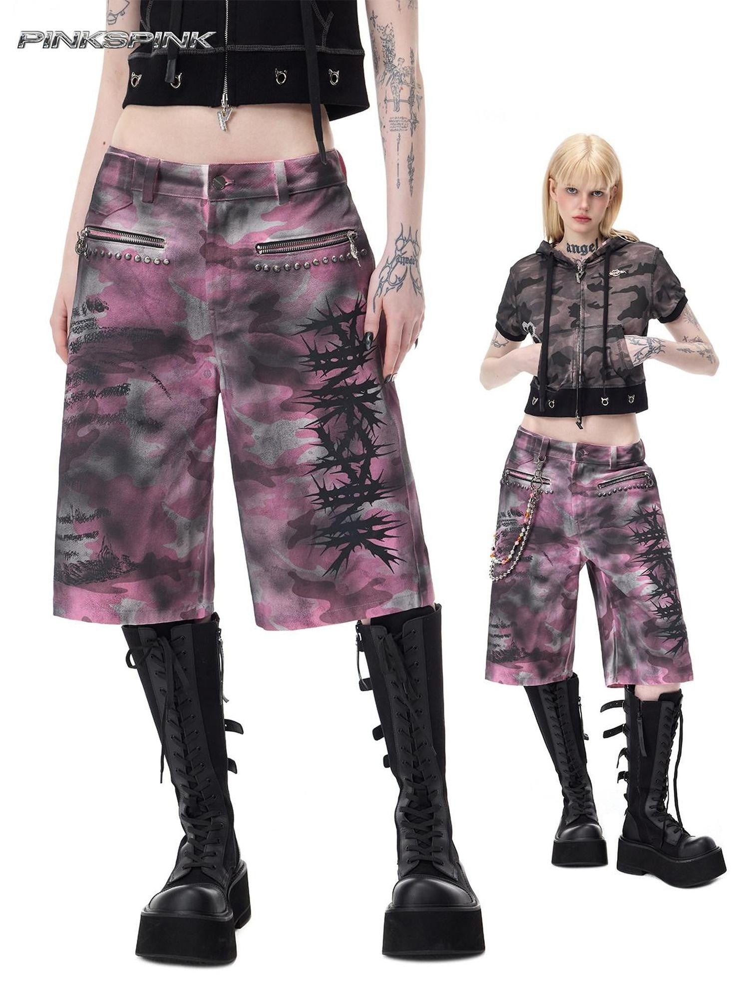 PINKSPINK Pink Coated Camo Studded Low Waist Loose Punk Women's Denim Bermuda Shorts