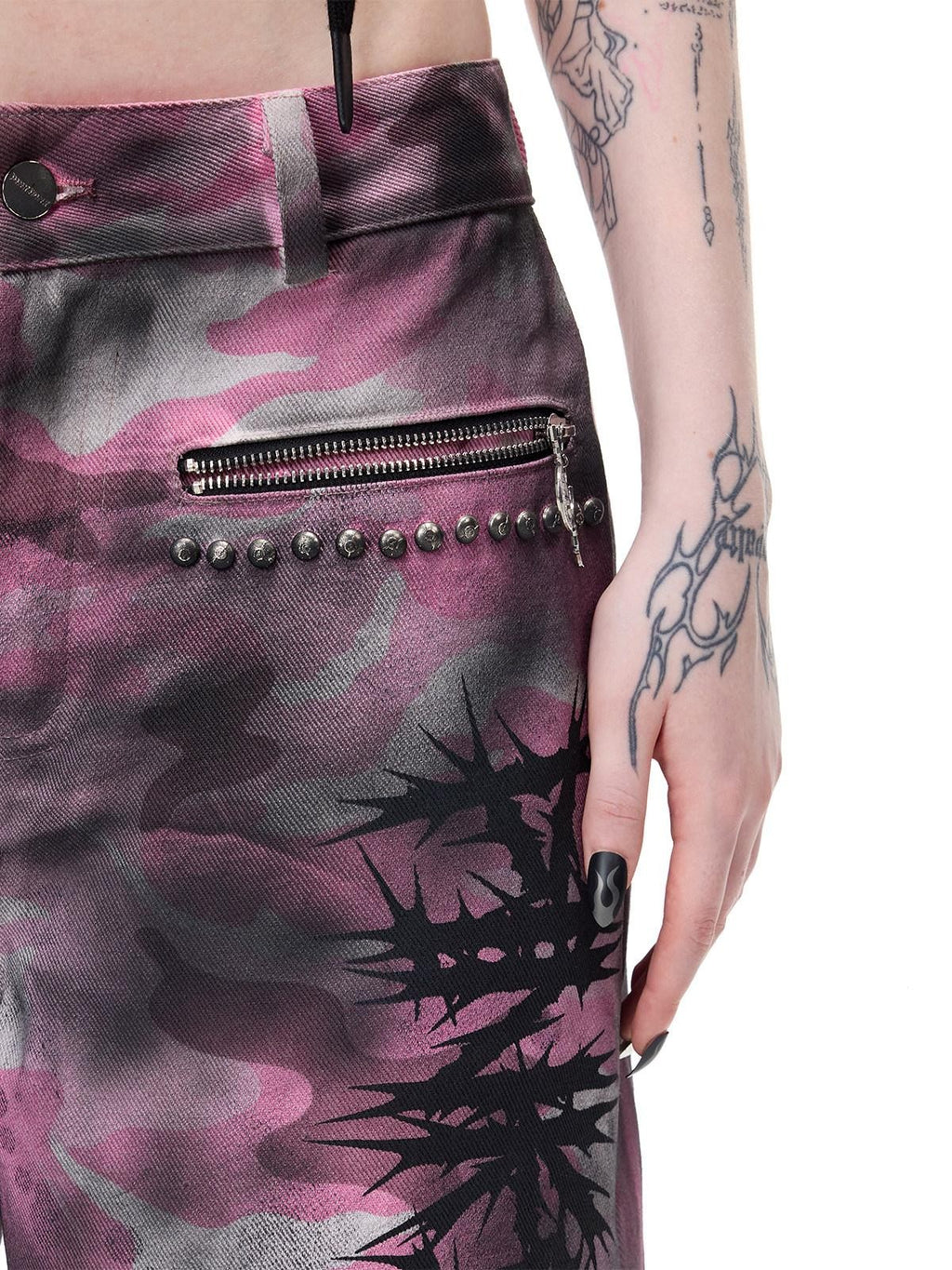PINKSPINK Pink Coated Camo Studded Low Waist Loose Punk Women's Denim Bermuda Shorts