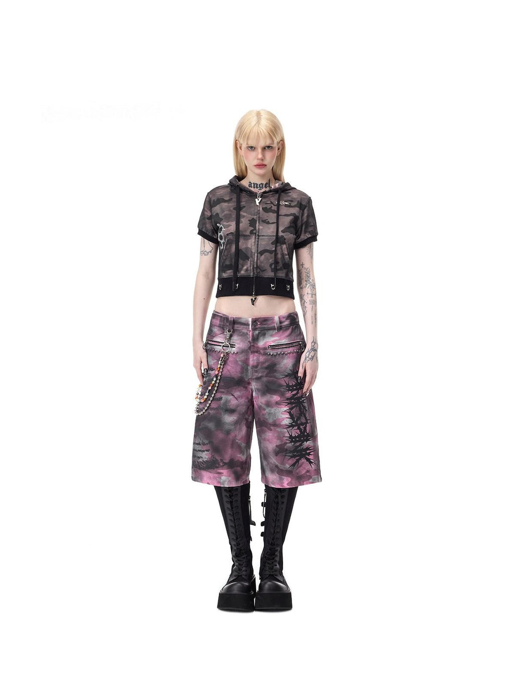 PINKSPINK Pink Coated Camo Studded Low Waist Loose Punk Women's Denim Bermuda Shorts