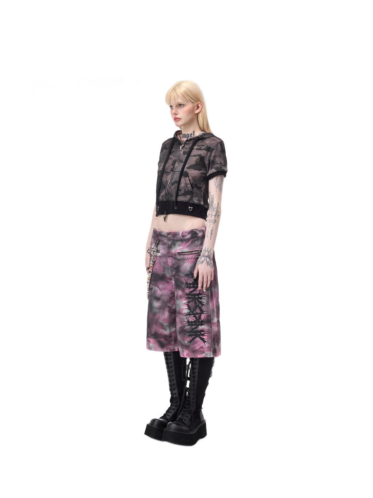 PINKSPINK Pink Coated Camo Studded Low Waist Loose Punk Women's Denim Bermuda Shorts