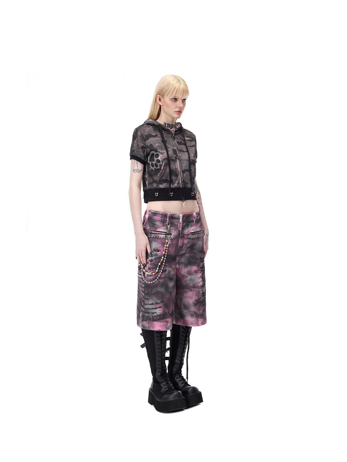 PINKSPINK Pink Coated Camo Studded Low Waist Loose Punk Women's Denim Bermuda Shorts
