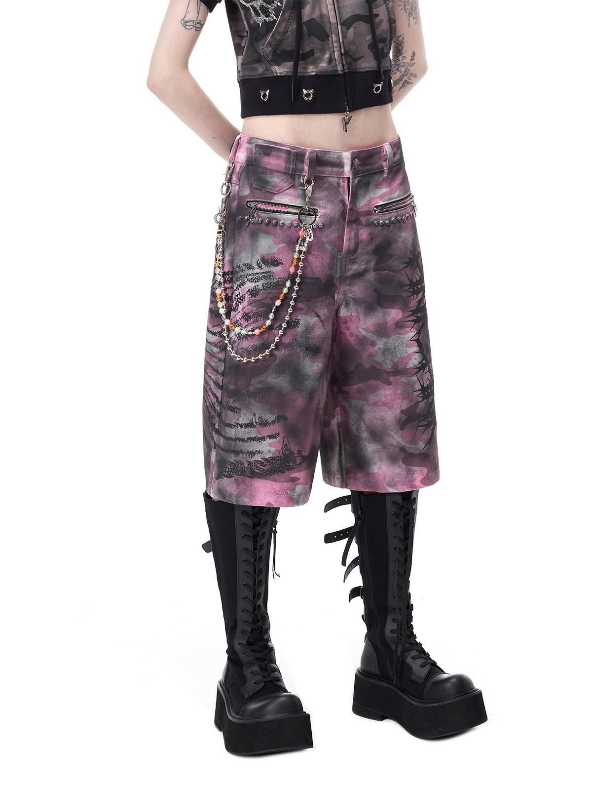 PINKSPINK Pink Coated Camo Studded Low Waist Loose Punk Women's Denim Bermuda Shorts