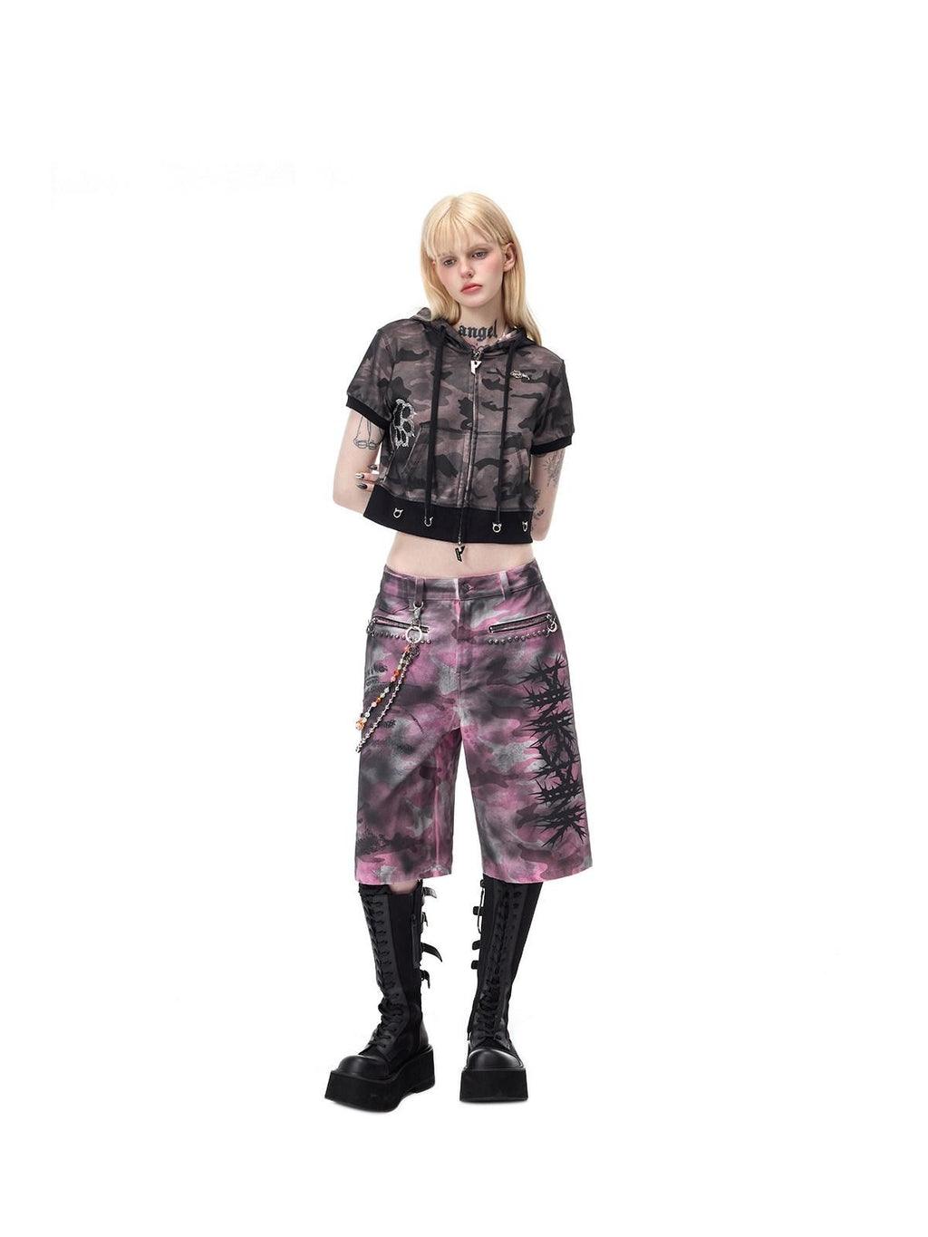 PINKSPINK Pink Coated Camo Studded Low Waist Loose Punk Women's Denim Bermuda Shorts