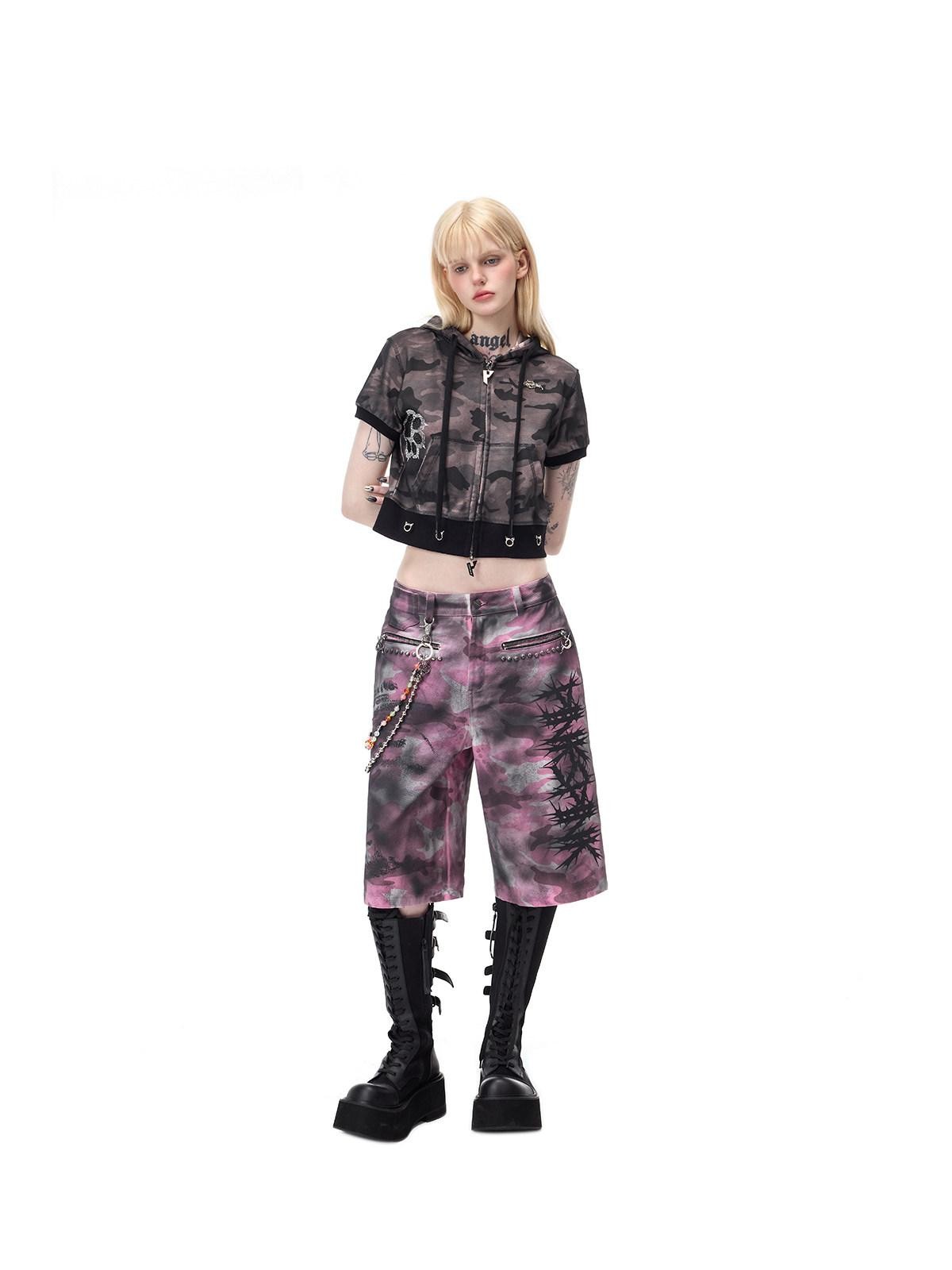 PINKSPINK Pink Coated Camo Studded Low Waist Loose Punk Women's Denim Bermuda Shorts
