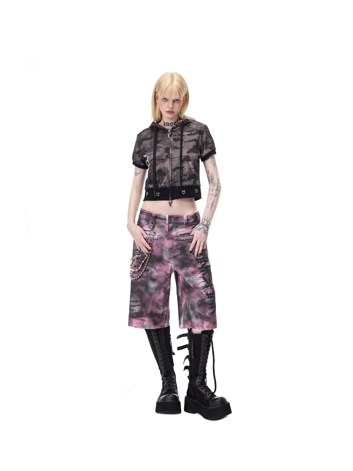 PINKSPINK Pink Coated Camo Studded Low Waist Loose Punk Women's Denim Bermuda Shorts