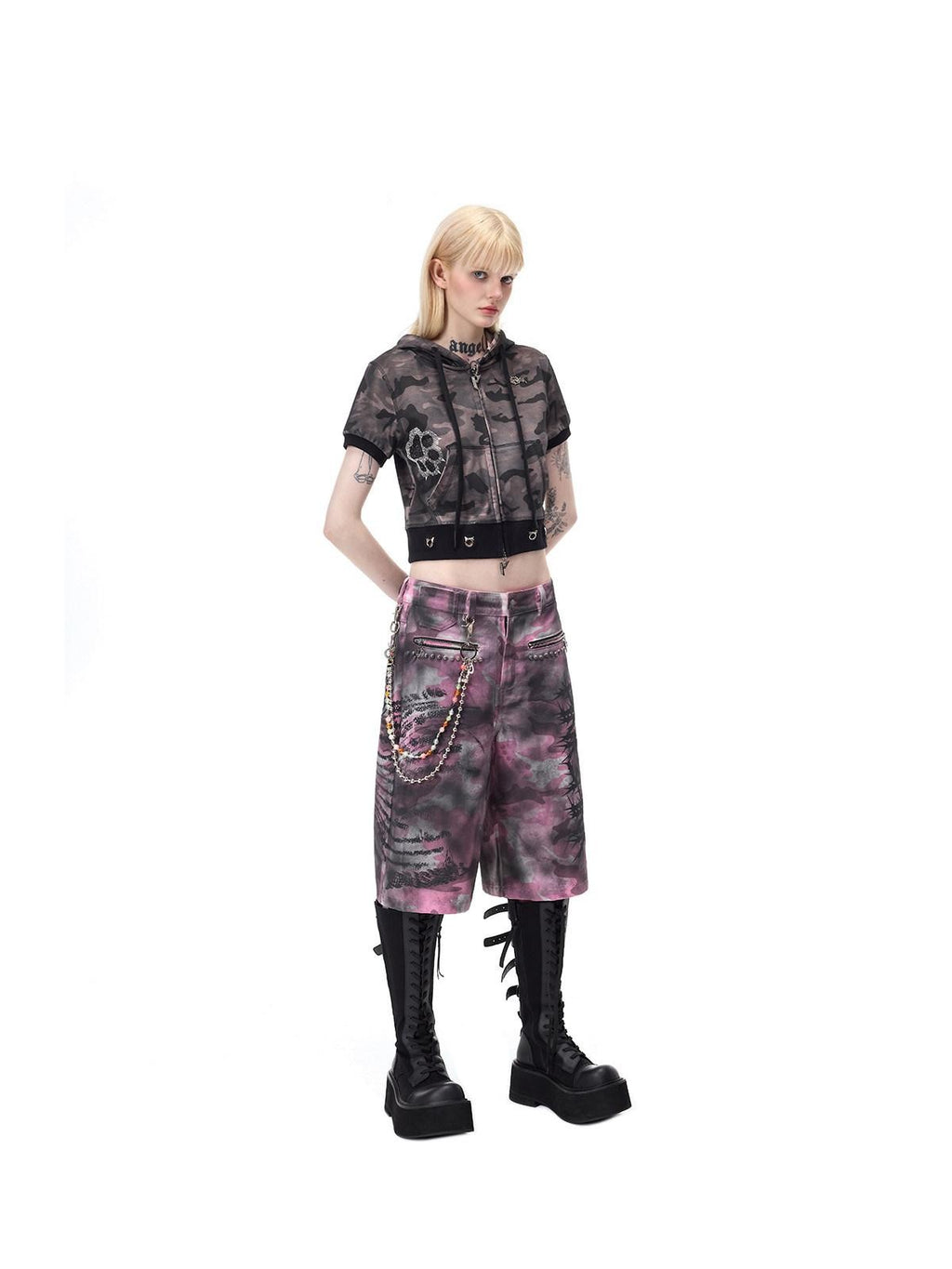 PINKSPINK Pink Coated Camo Studded Low Waist Loose Punk Women's Denim Bermuda Shorts