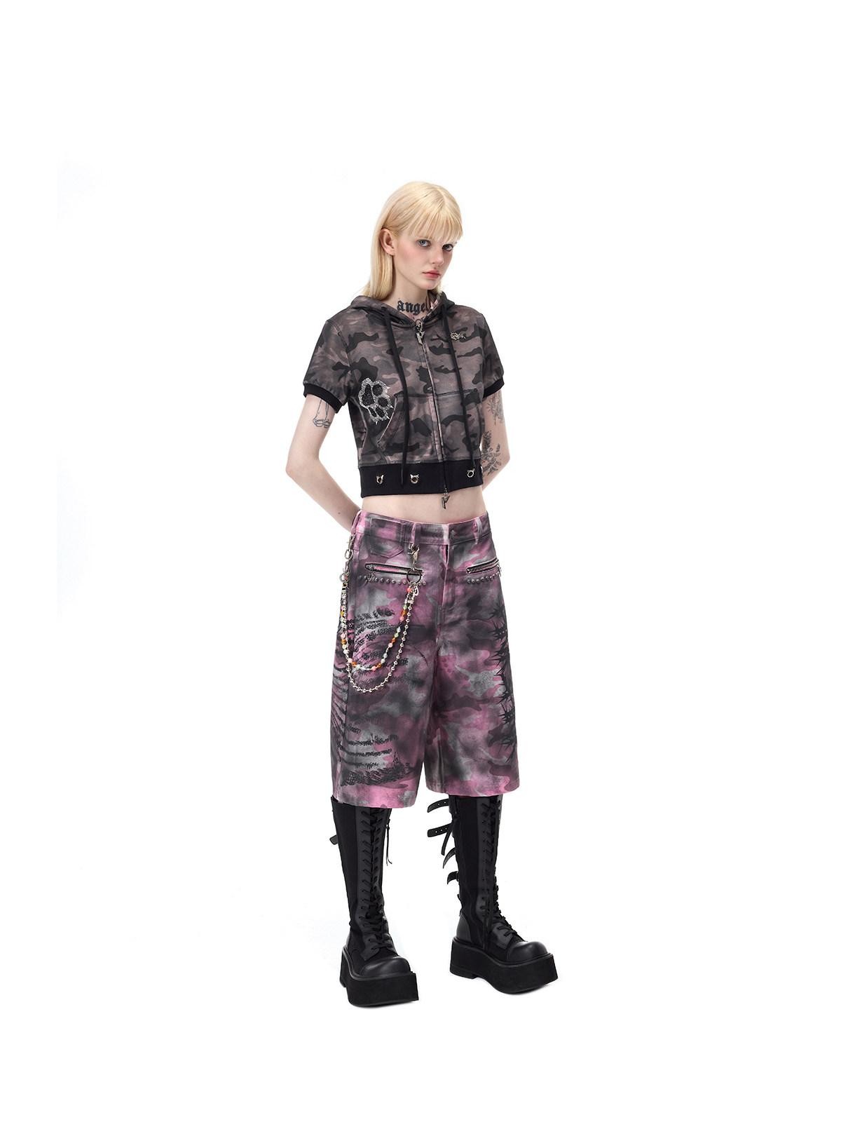 PINKSPINK Pink Coated Camo Studded Low Waist Loose Punk Women's Denim Bermuda Shorts