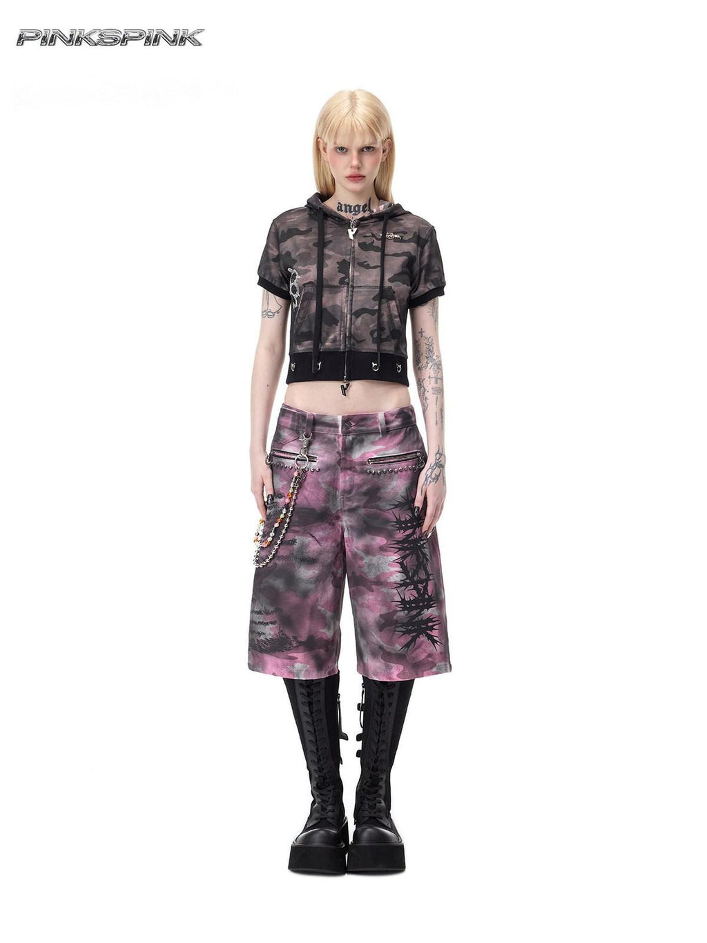 PINKSPINK Pink Coated Camo Studded Low Waist Loose Punk Women's Denim Bermuda Shorts