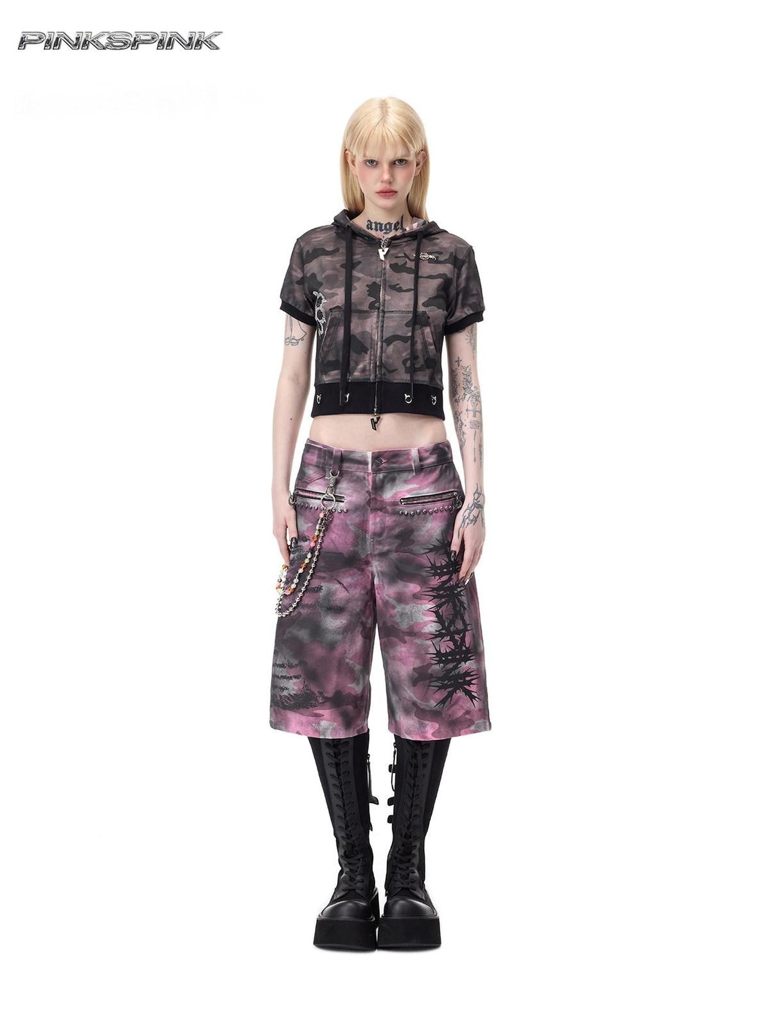PINKSPINK Pink Coated Camo Studded Low Waist Loose Punk Women's Denim Bermuda Shorts