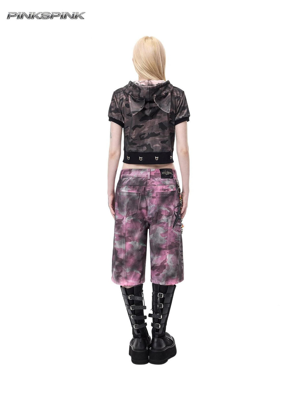 PINKSPINK Pink Coated Camo Studded Low Waist Loose Punk Women's Denim Bermuda Shorts