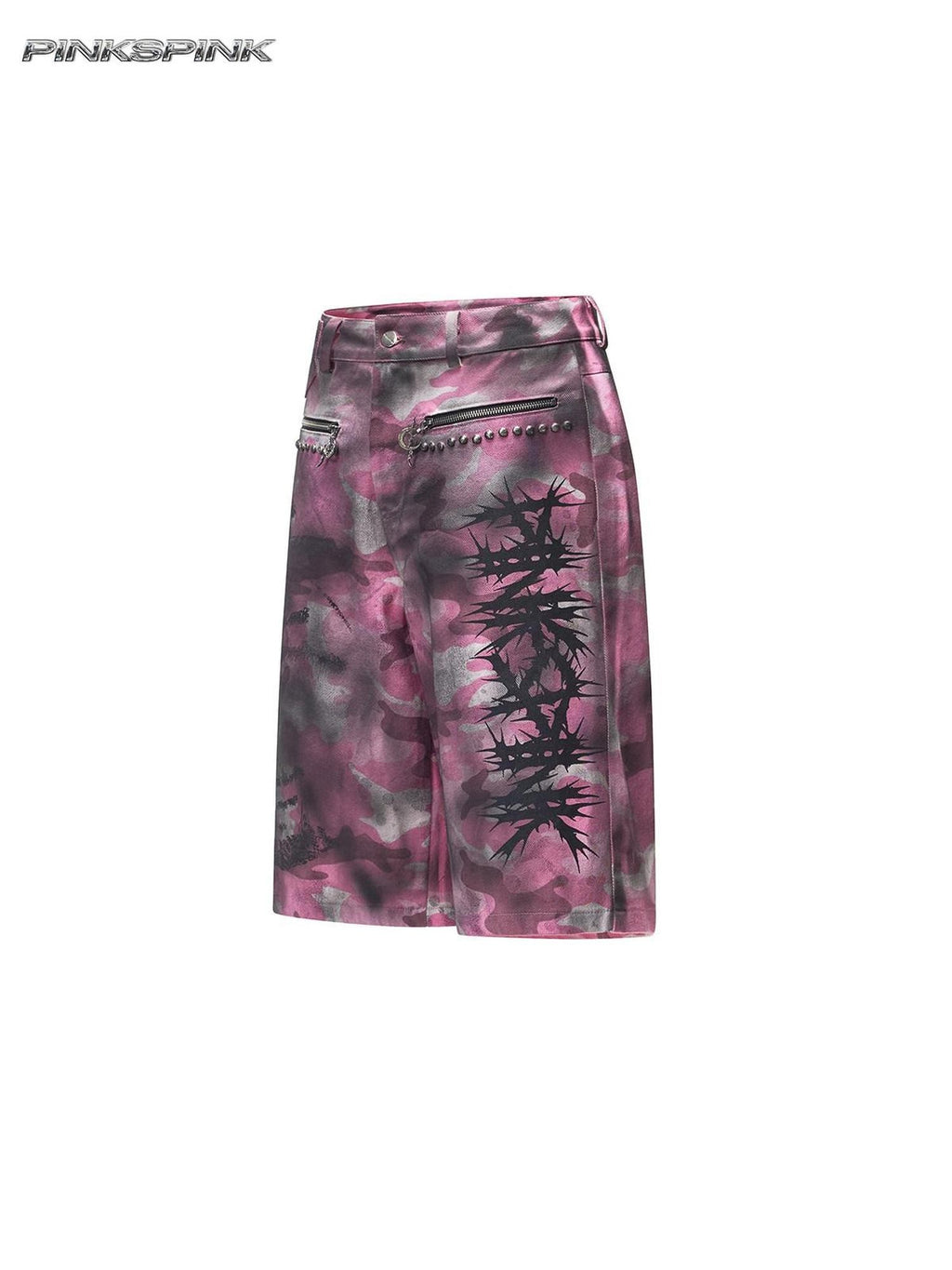 PINKSPINK Pink Coated Camo Studded Low Waist Loose Punk Women's Denim Bermuda Shorts