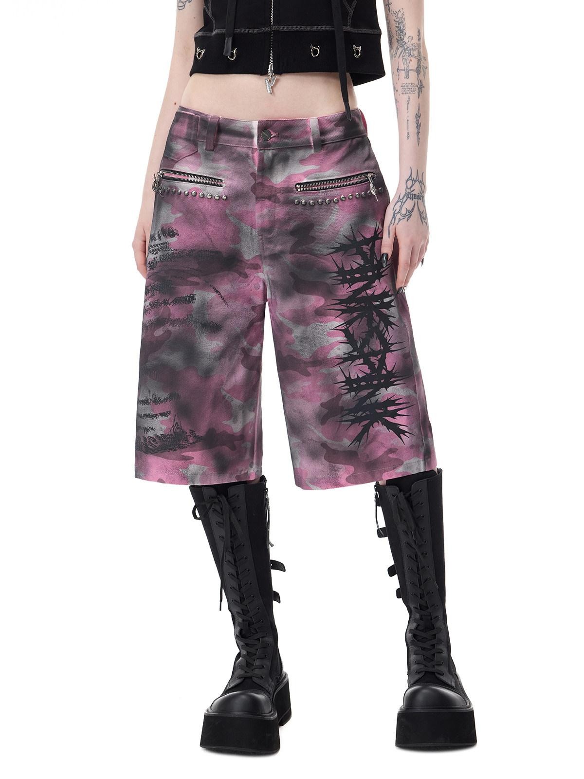 PINKSPINK Pink Coated Camo Studded Low Waist Loose Punk Women's Denim Bermuda Shorts