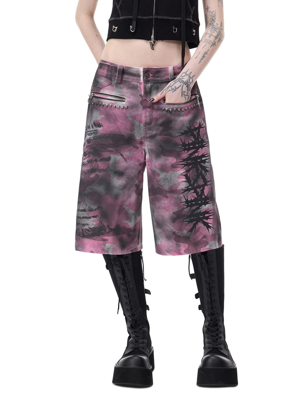 PINKSPINK Pink Coated Camo Studded Low Waist Loose Punk Women's Denim Bermuda Shorts