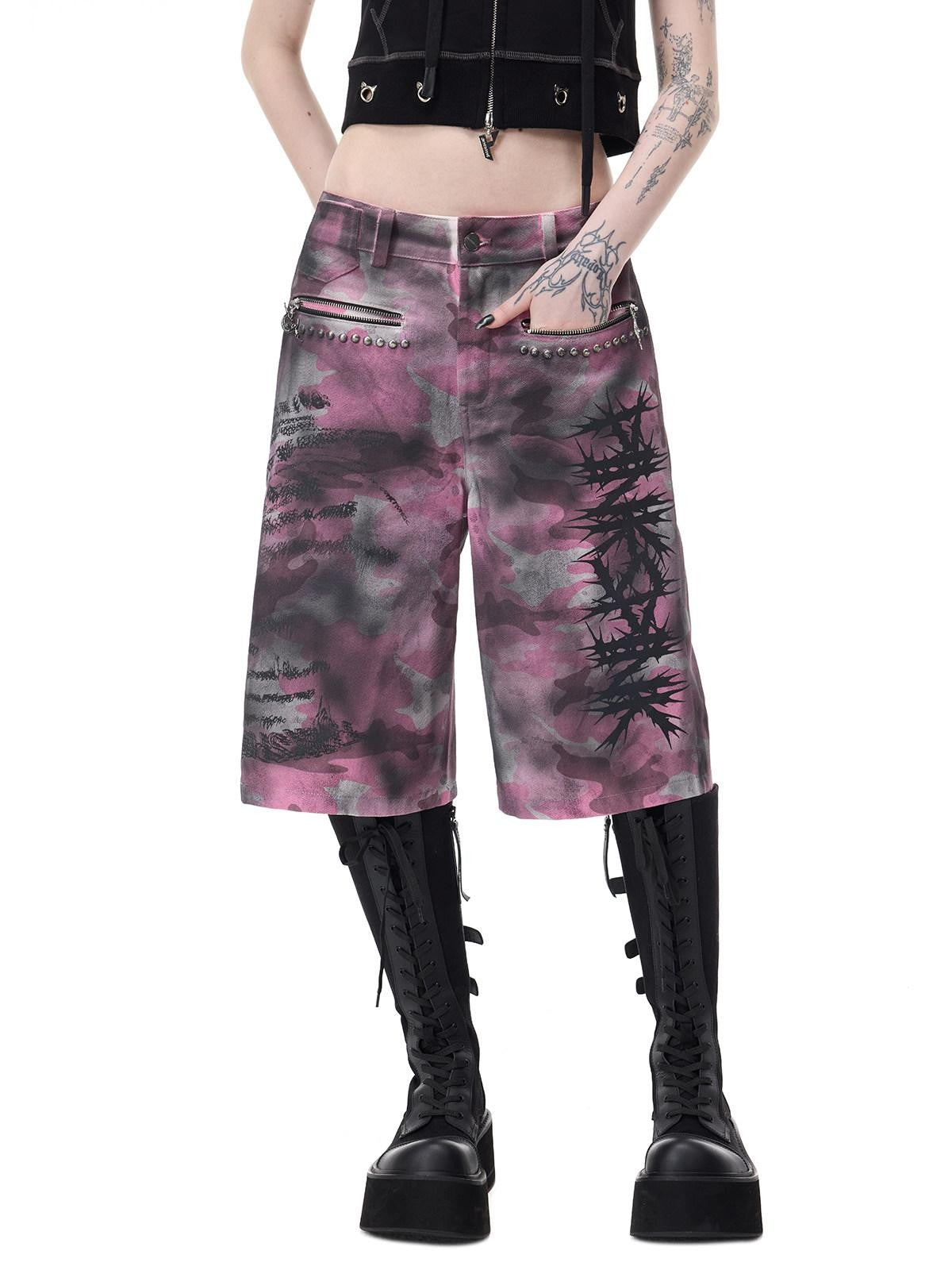 PINKSPINK Pink Coated Camo Studded Low Waist Loose Punk Women's Denim Bermuda Shorts