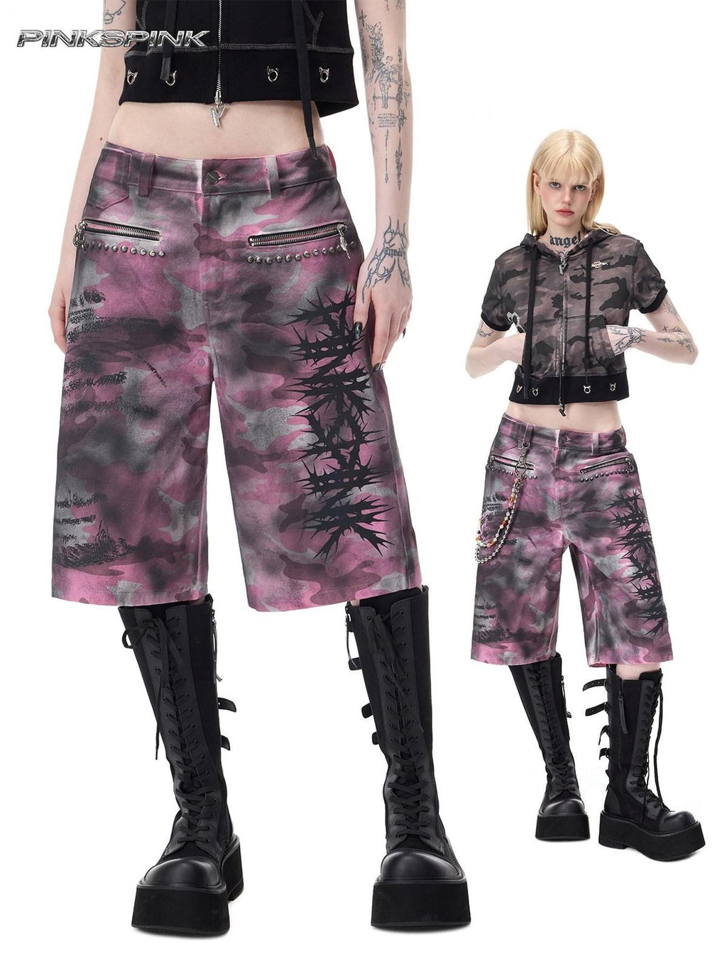 PINKSPINK Pink Coated Camouflage Studded Punk Women's Denim Bermuda Shorts