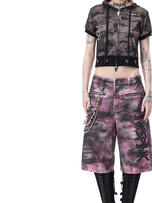 PINKSPINK Pink Coated Camouflage Studded Punk Women's Denim Bermuda Shorts