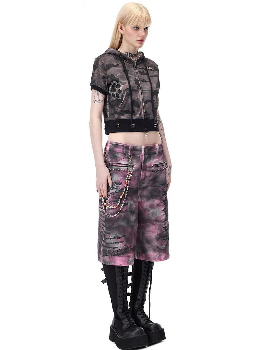 PINKSPINK Pink Coated Camouflage Studded Punk Women's Denim Bermuda Shorts