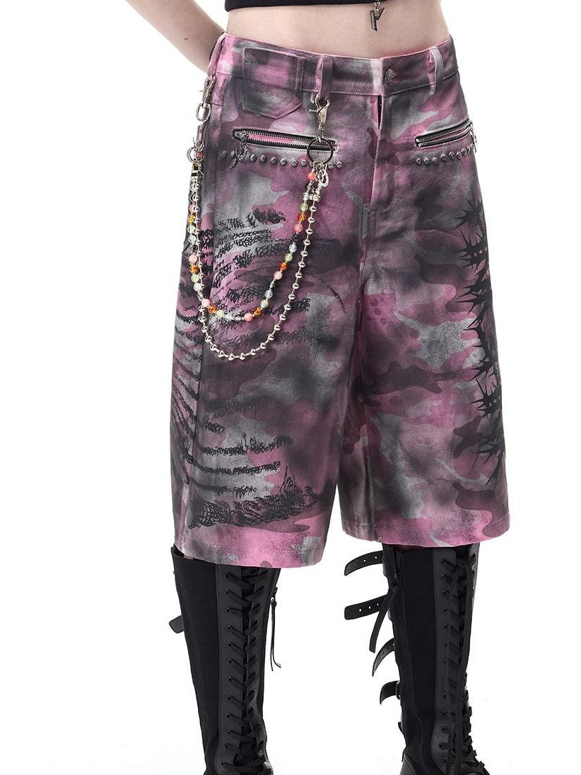 PINKSPINK Pink Coated Camouflage Studded Punk Women's Denim Bermuda Shorts