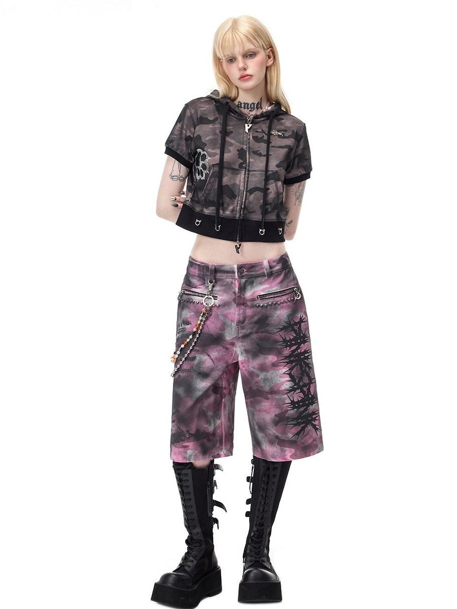 PINKSPINK Pink Coated Camouflage Studded Punk Women's Denim Bermuda Shorts