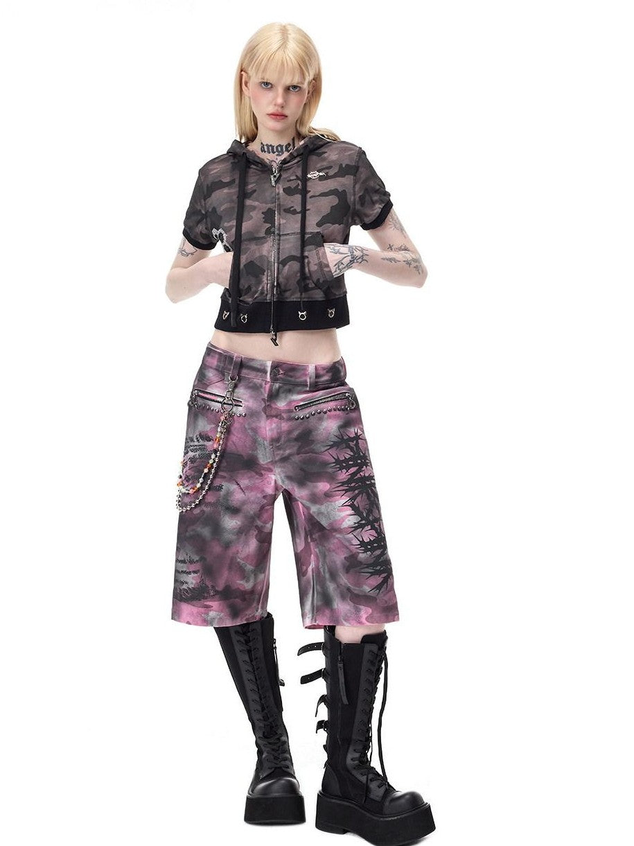 PINKSPINK Pink Coated Camouflage Studded Punk Women's Denim Bermuda Shorts
