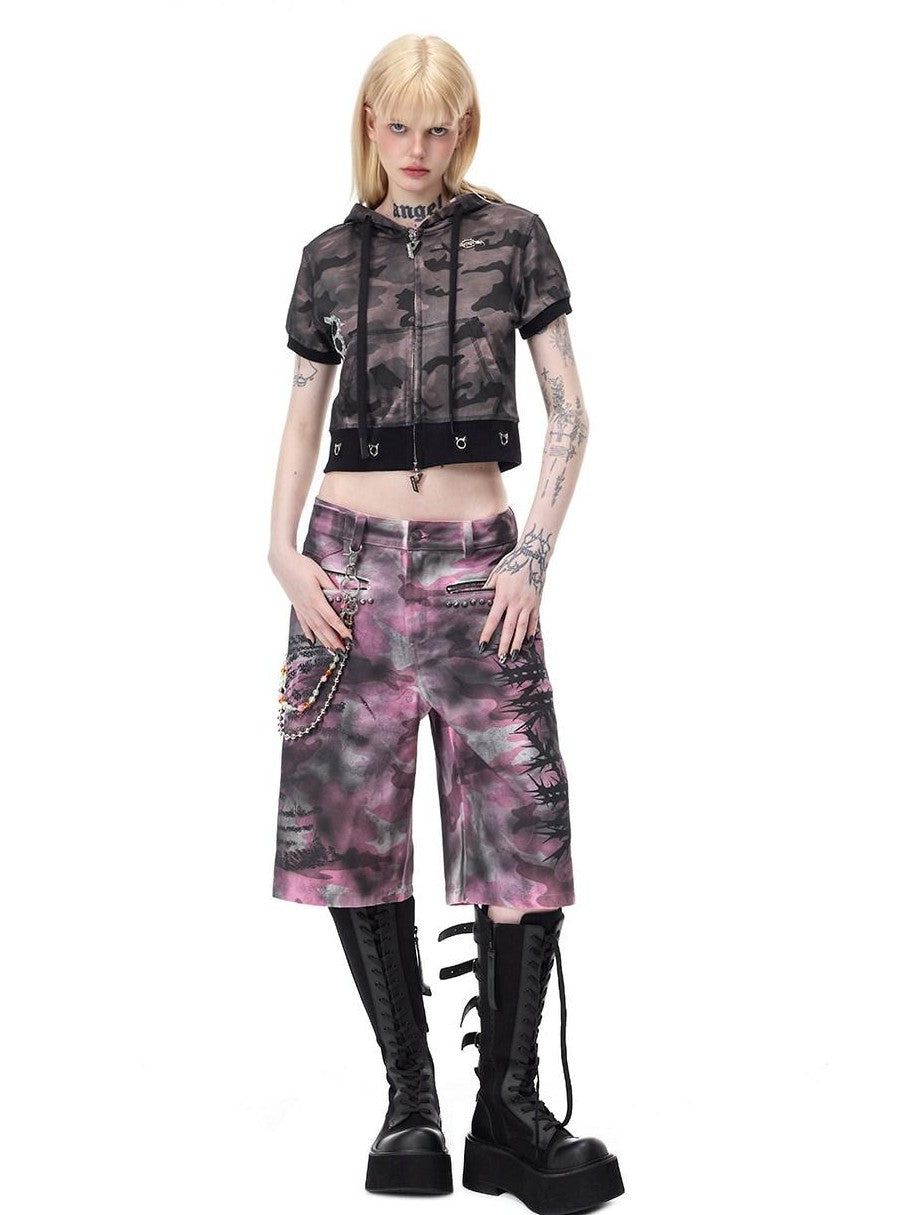 PINKSPINK Pink Coated Camouflage Studded Punk Women's Denim Bermuda Shorts
