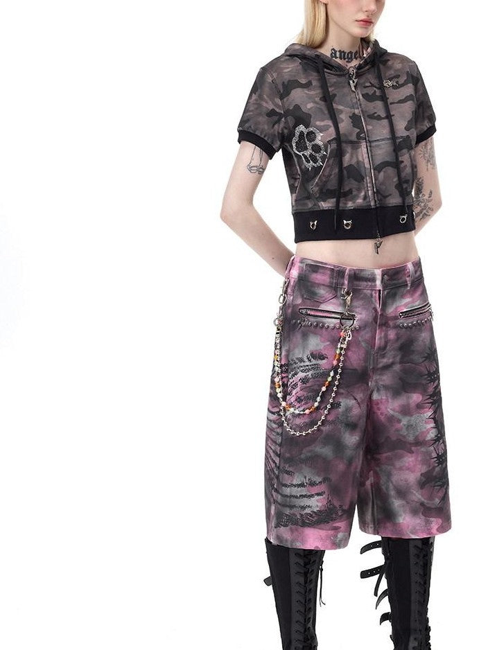 PINKSPINK Pink Coated Camouflage Studded Punk Women's Denim Bermuda Shorts