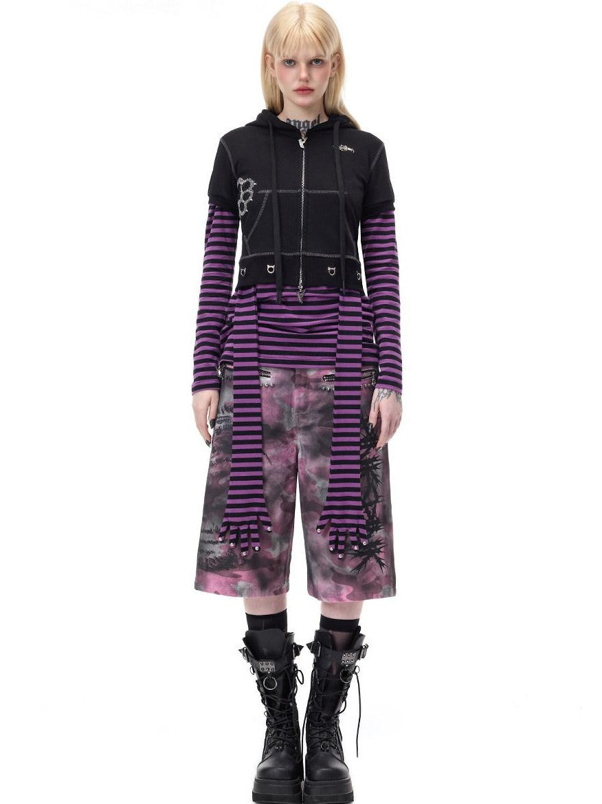PINKSPINK Pink Coated Camouflage Studded Punk Women's Denim Bermuda Shorts