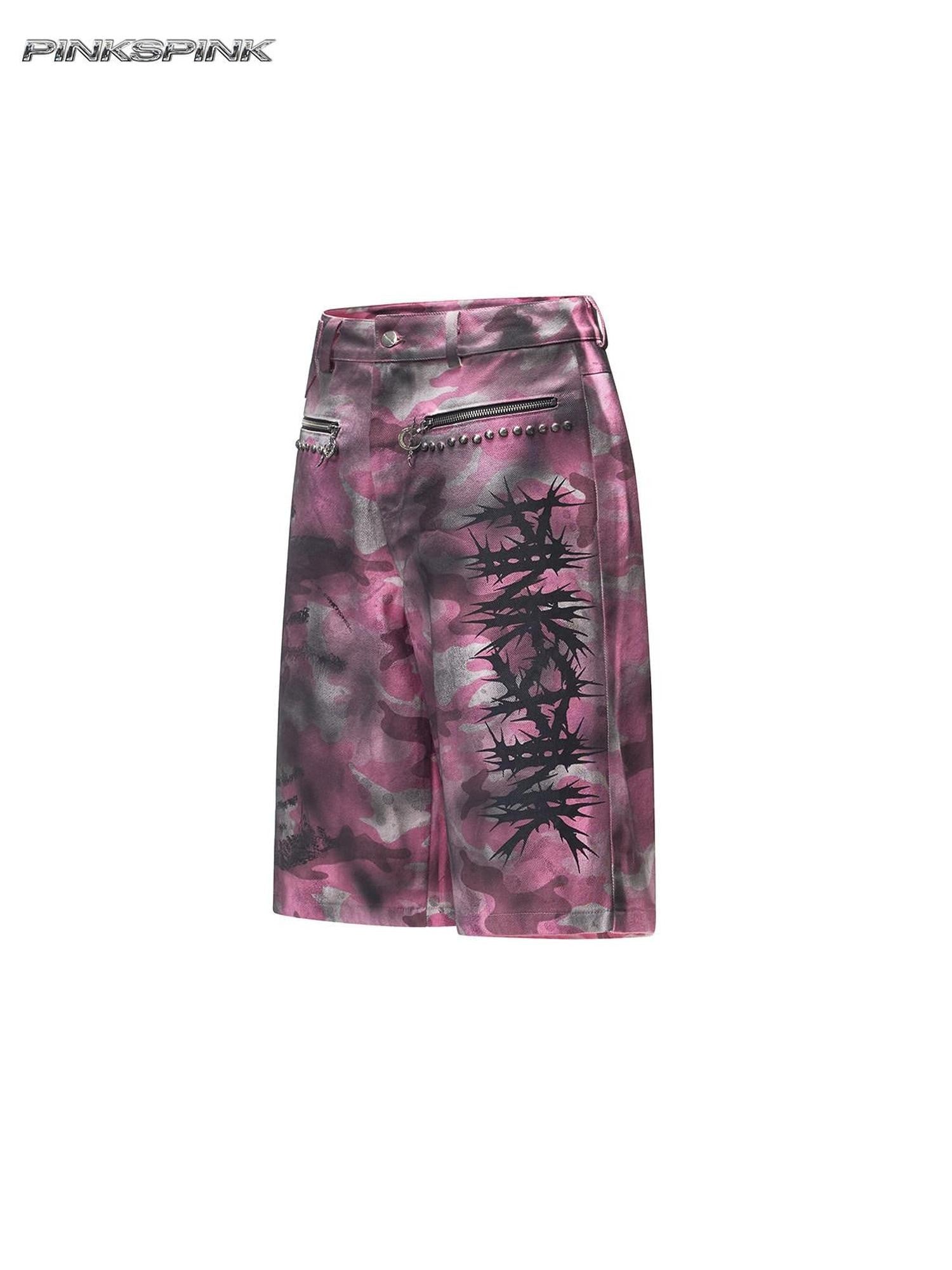 PINKSPINK Pink Coated Camouflage Studded Punk Women's Denim Bermuda Shorts