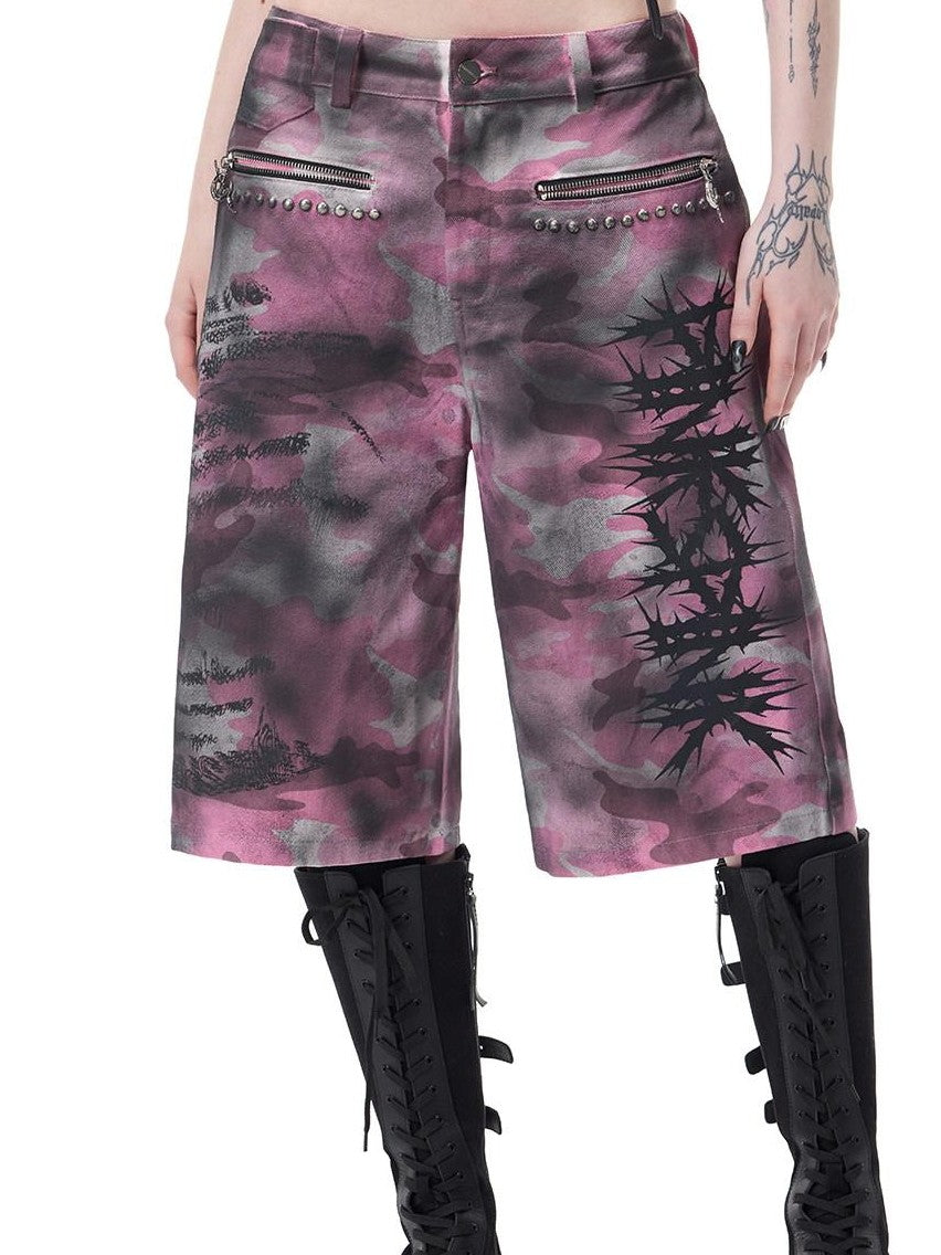 PINKSPINK Pink Coated Camouflage Studded Punk Women's Denim Bermuda Shorts