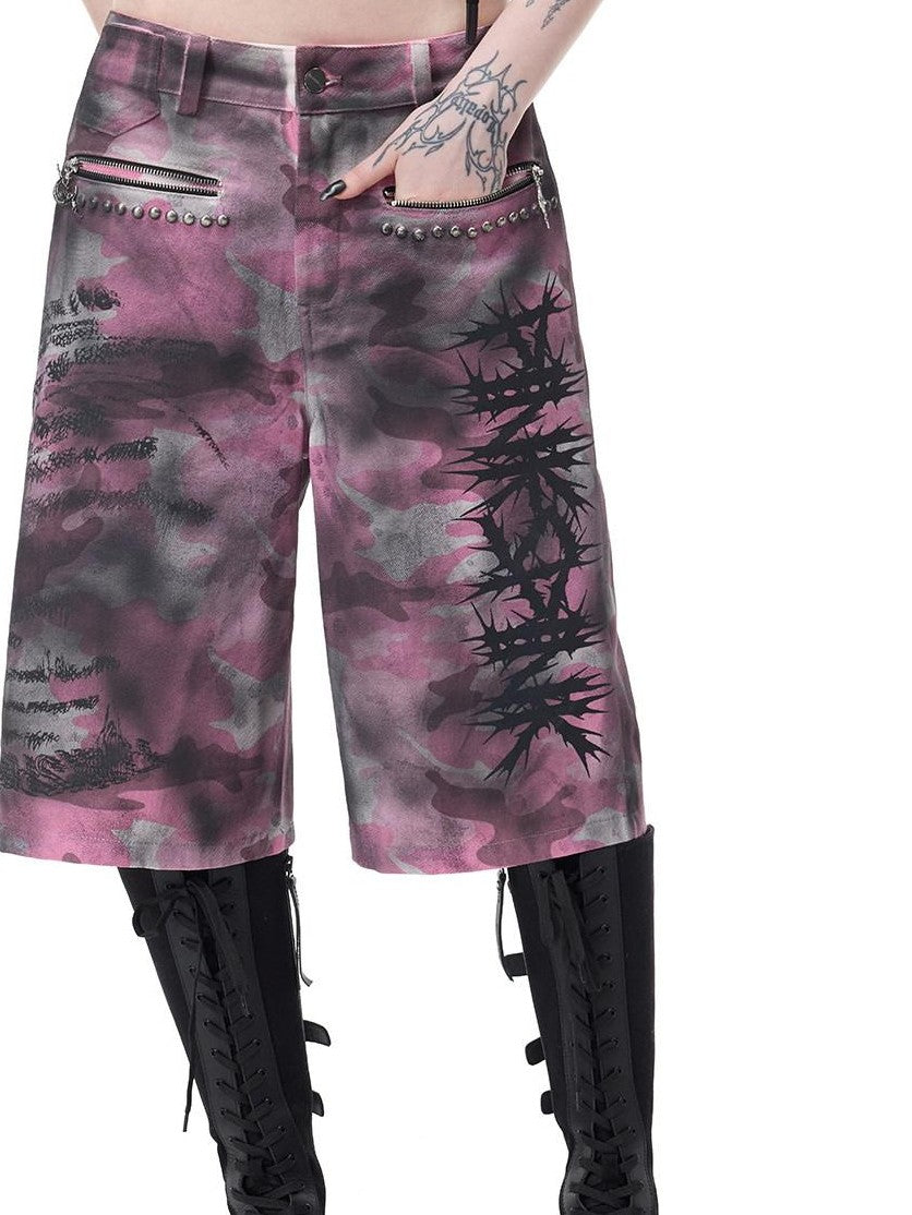 PINKSPINK Pink Coated Camouflage Studded Punk Women's Denim Bermuda Shorts