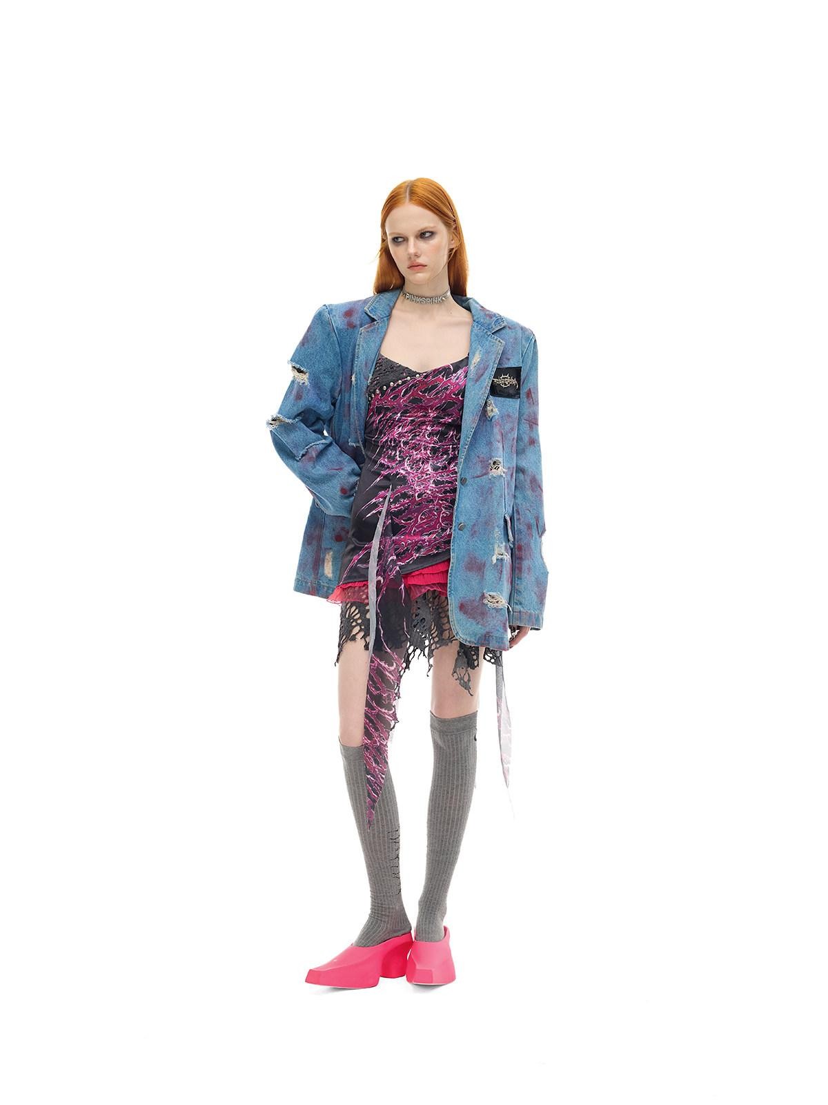 PINKSPINK Pink Coated Irregular Distressed Padded Shoulders Women's Cotton Denim Jackets