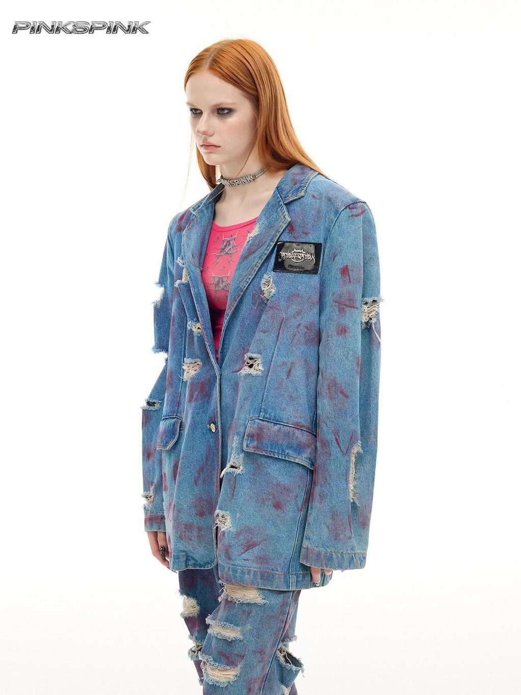 PINKSPINK Pink Coated Irregular Distressed Padded Shoulders Women's Cotton Denim Jackets