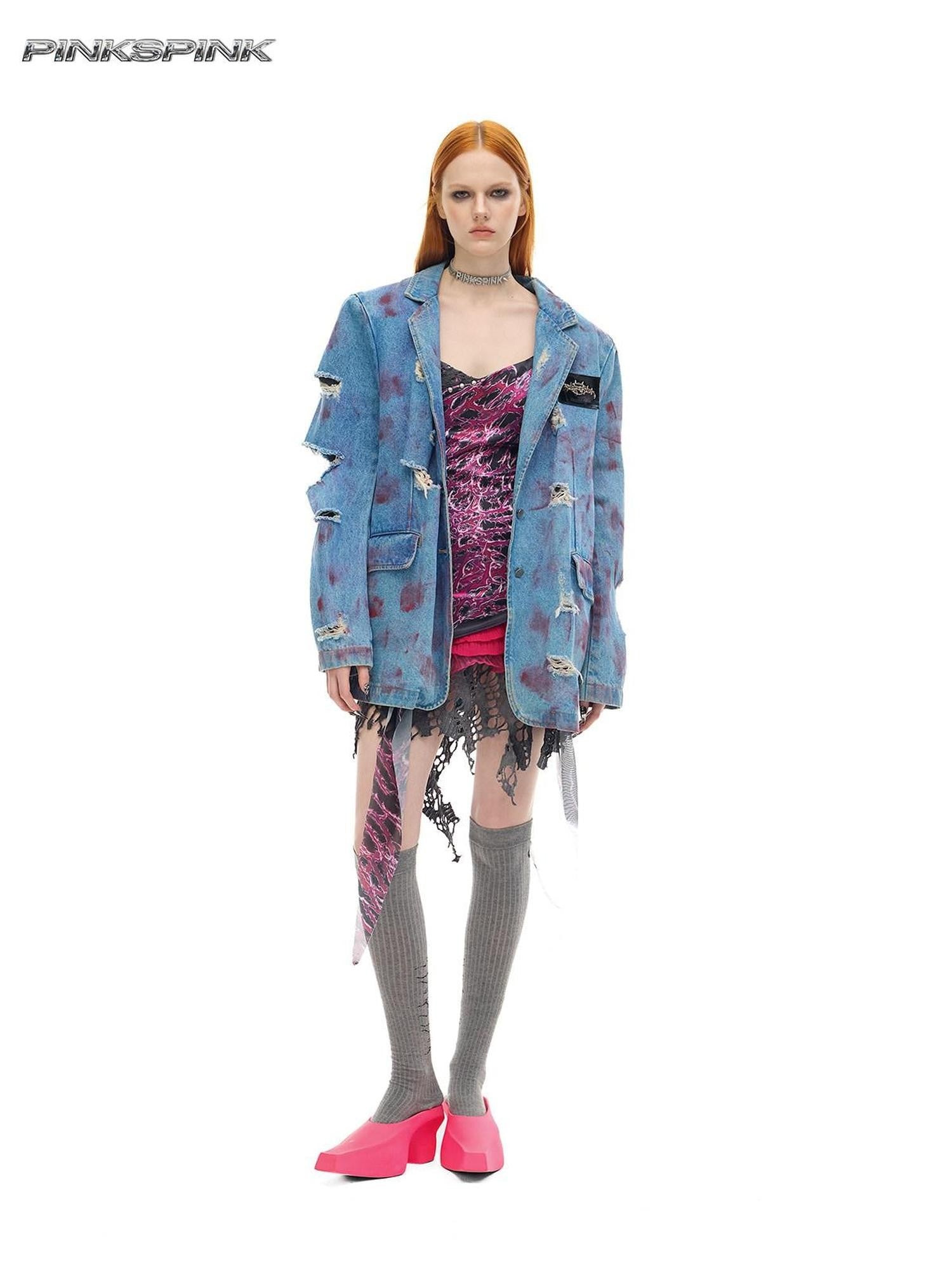 PINKSPINK Pink Coated Irregular Distressed Padded Shoulders Women's Cotton Denim Jackets